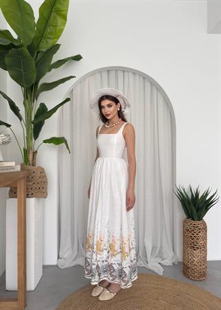 Cool White Çiçekli Keten Elbise