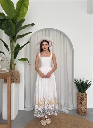 Cool White Çiçekli Keten Elbise