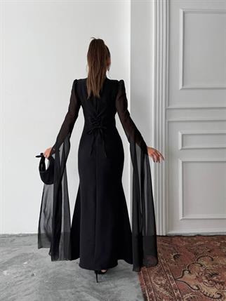 Karen Tül Kol Korsaj Bağlamalı Uzun Elbise