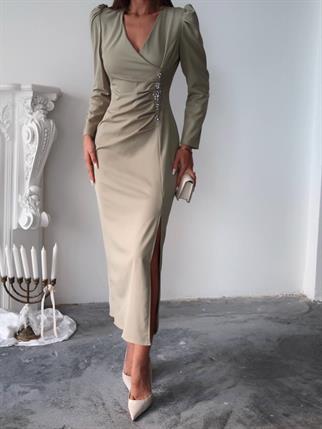 Barley Taş Baskılı Yırtmaclı Uzun Elbise