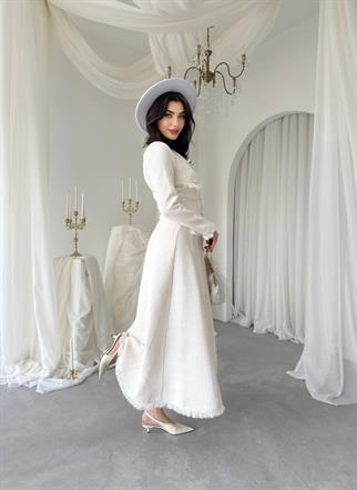 Fari Düğme Detaylı Uzun Elbise