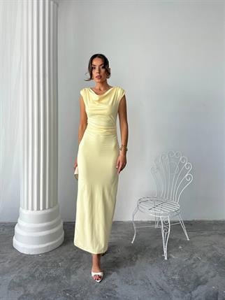 Pars Uzun Degaje Yaka Uzun Sandy Elbise