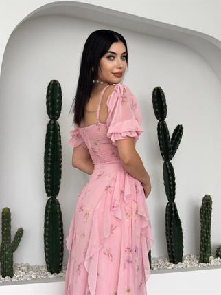 Lora Çiçekli Şifon Tasarım Elbise