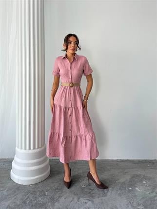 Sofya Keten Kemerli Midi Elbise