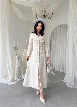 Fari Düğme Detaylı Uzun Elbise