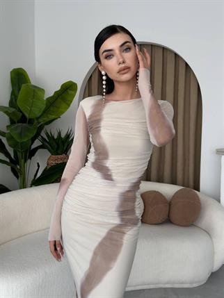 Nayra Tül Tasarım Uzun Kollu Midi Elbise