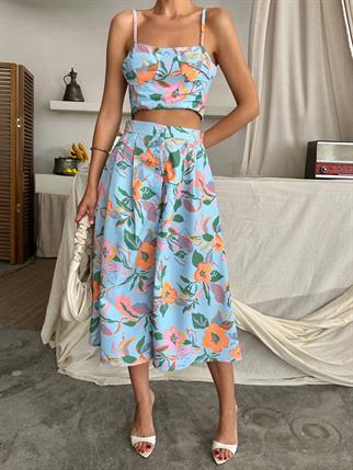 Dalia Çiçek Baskılı Keten Midi Elbise