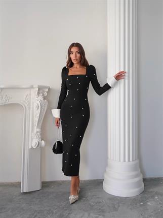 Kadın Tasarım İnci Taşlı Manşet Kol Detay Uzun Elbise