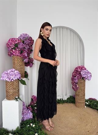 Lotus Şifon Fırfır Detay Uzun Elbise