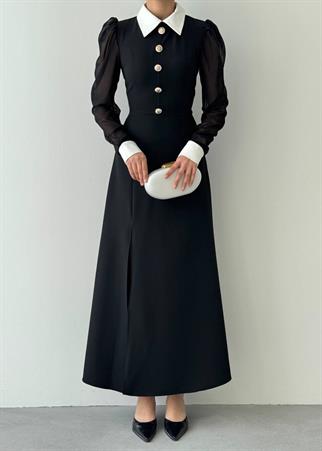 Evona Yırtmaç Detaylı Düğmeli Elbise