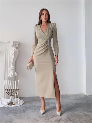 Barley Taş Baskılı Yırtmaclı Uzun Elbise