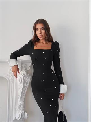 Kadın Tasarım İnci Taşlı Manşet Kol Detay Uzun Elbise