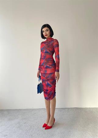 Dalya Midi Desenli Streç Elbise - Pembe