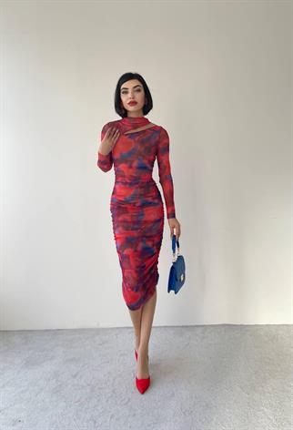 Dalya Midi Desenli Streç Elbise - Pembe