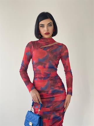 Dalya Midi Desenli Streç Elbise - Pembe