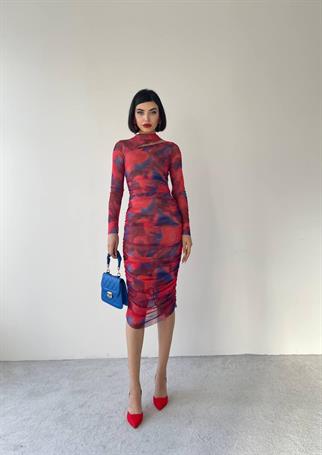 Dalya Midi Desenli Streç Elbise - Pembe