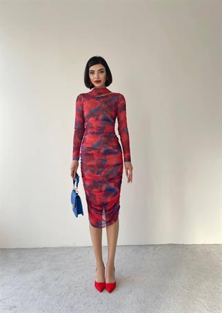 Dalya Midi Desenli Streç Elbise - Pembe