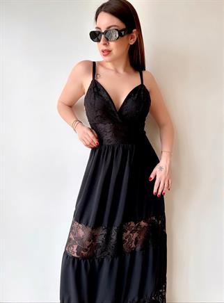 Dantel Detaylı Airobin Elbise - Siyah