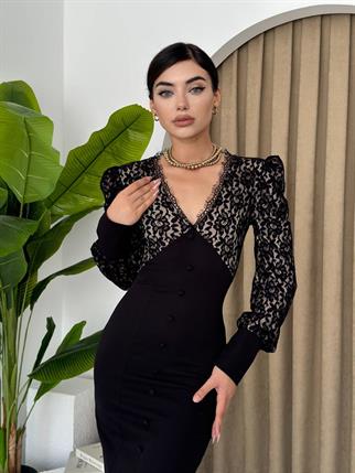 Dantel Düğme Detay Uzun Maya Elbise