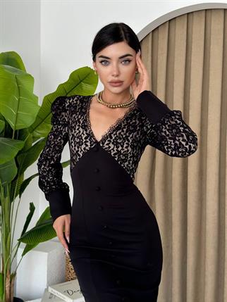 Dantel Düğme Detay Uzun Maya Elbise