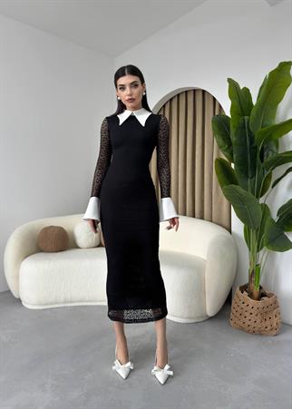 Dantel Tasarım Yakalı Uzun Elbise