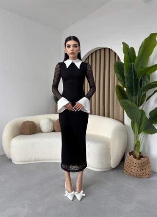 Dantel Tasarım Yakalı Uzun Elbise