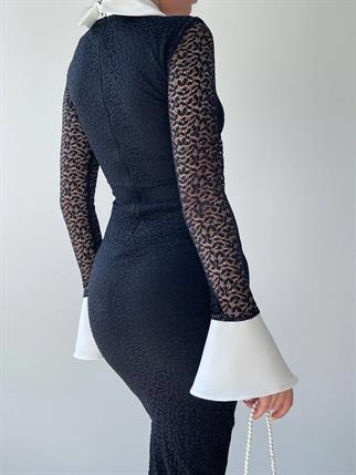 Dantel Tasarım Yakalı Uzun Elbise