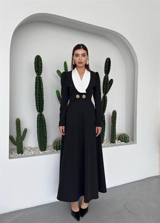 Velora Düğme Detay Vatkalı Uzun Elbise 