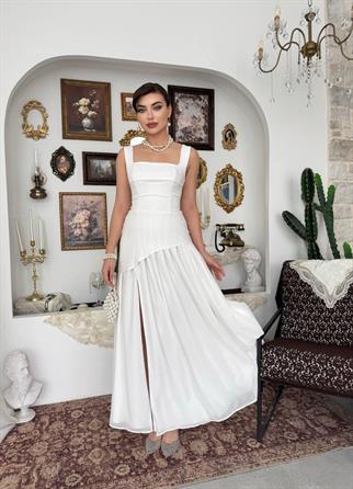 Hulos Yırtmaç Detaylı Atlas Şifon Elbise