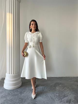 Bebe Yaka Gold Düğmeli Atlas Midi Elbise