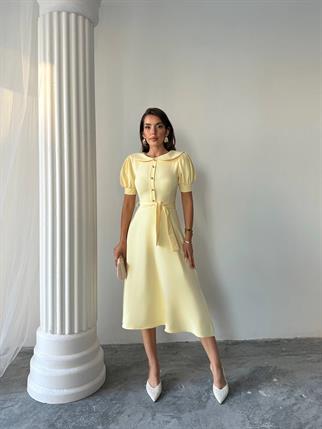 	Bebe Yaka Gold Düğmeli Atlas Midi Elbise