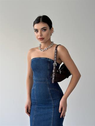 Denim Midi Straplez Elbise