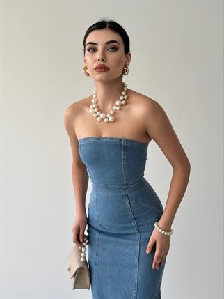 Denim Midi Straplez Elbise