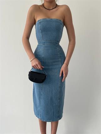 Denim Midi Straplez Elbise
