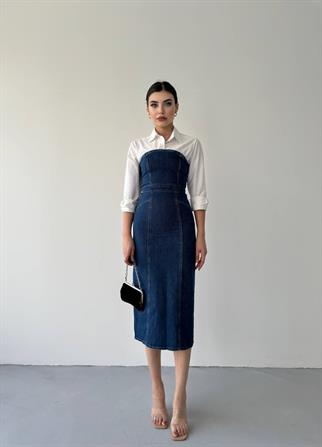 Denim Midi Straplez Elbise