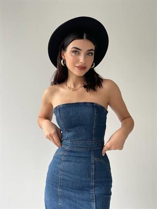 Denim Midi Straplez Elbise