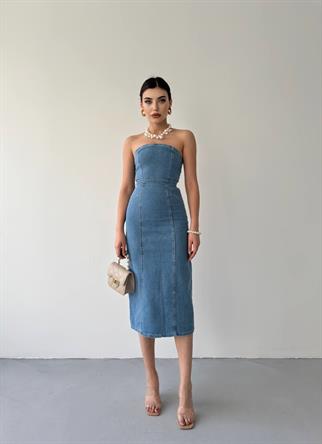 Denim Midi Straplez Elbise