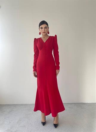 Deren Uzun Kırmızı Düğme Detay Elbise