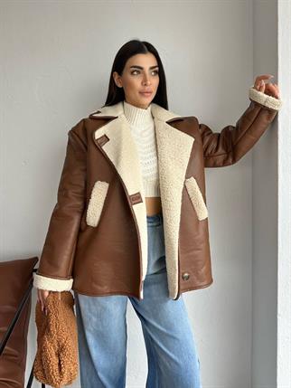 Devin İçi Tüylü Deri Kahve Ceket 