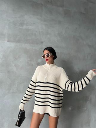 Diego Çizgili Yaka Detay Kazak - Beyaz