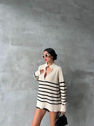 Diego Çizgili Yaka Detay Kazak - Beyaz