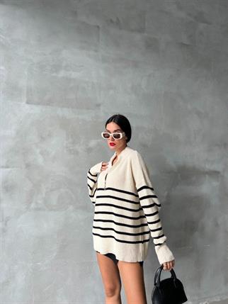 Diego Çizgili Yaka Detay Kazak - Beyaz