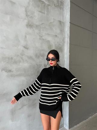 Diego Çizgili Yaka Detay Kazak - Siyah