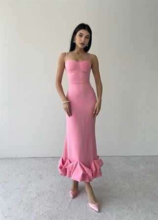 Dominic Eteği Büzgülü Pembe Elbise 