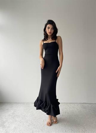 Dominic Eteği Büzgülü Siyah Elbise 
