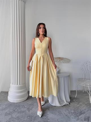 Dore Pileli Düğme Detay Midi Elbise	