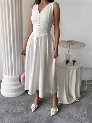 Dore Pileli Düğme Detay Midi Elbise	