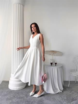 Dore Pileli Düğme Detay Midi Elbise	