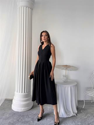 Dore Pileli Düğme Detay Midi Elbise	