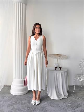 Dore Pileli Düğme Detay Midi Elbise	